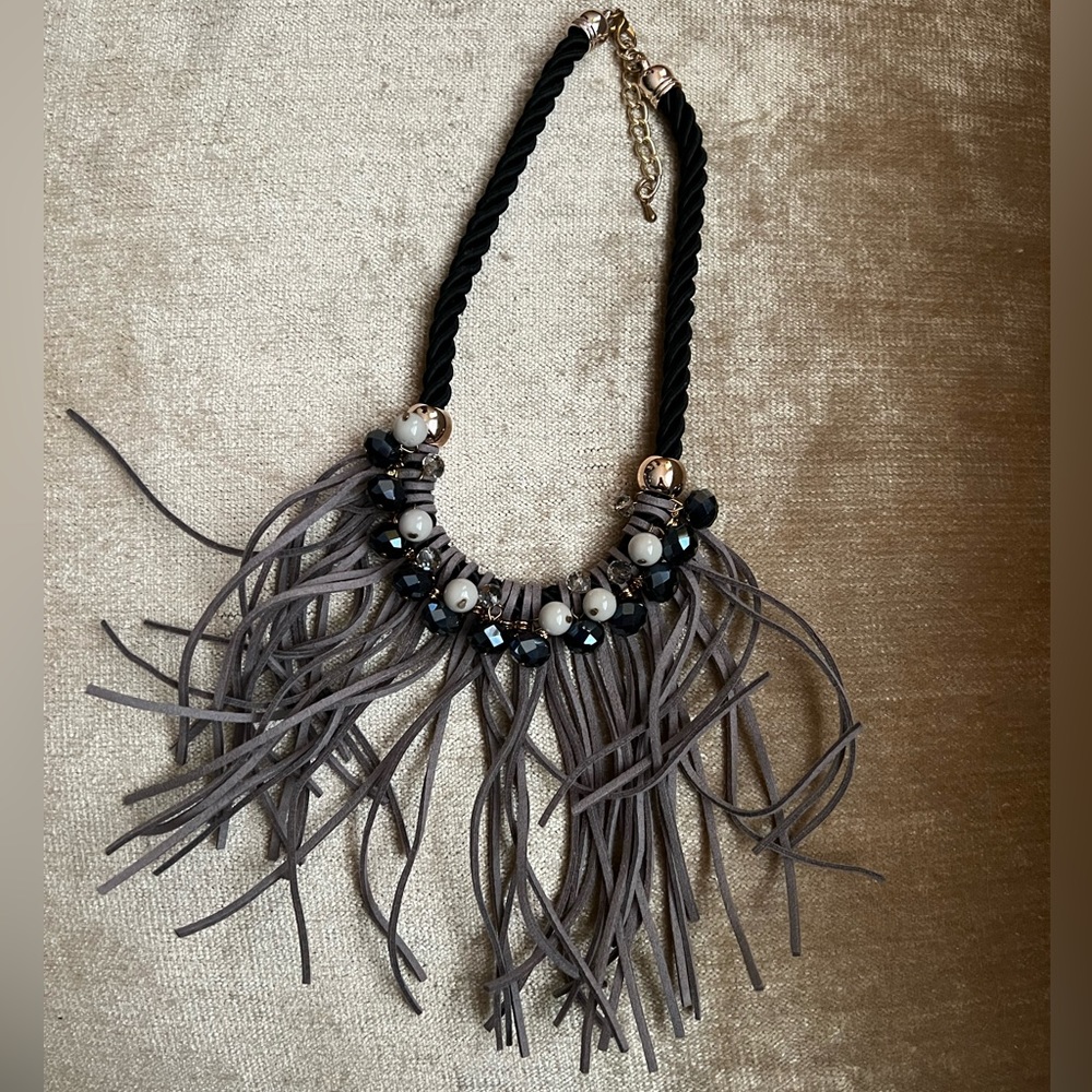 Leather fringe beaded statement necklace